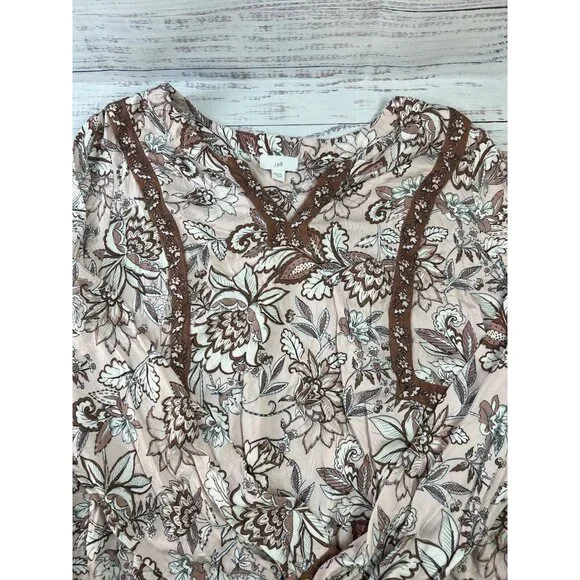 J Jill Women's L Tunic Blouse Long Sleeve Lace Floral Split V-Neck Pink/Brown - Picture 8 of 11